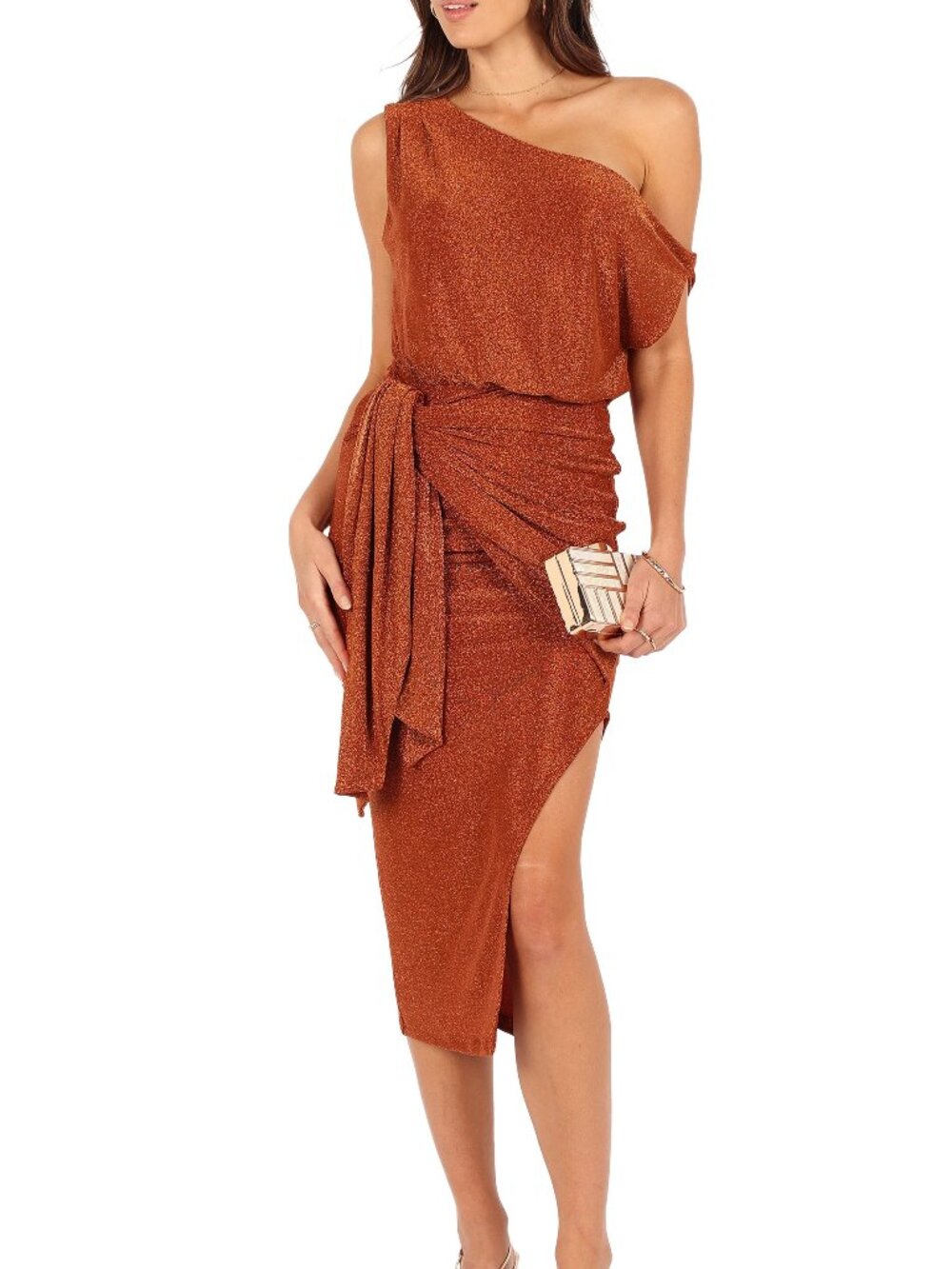 Petal & Pup Santiago Metallic One Shoulder Midi Dress Bronze NWT Size S